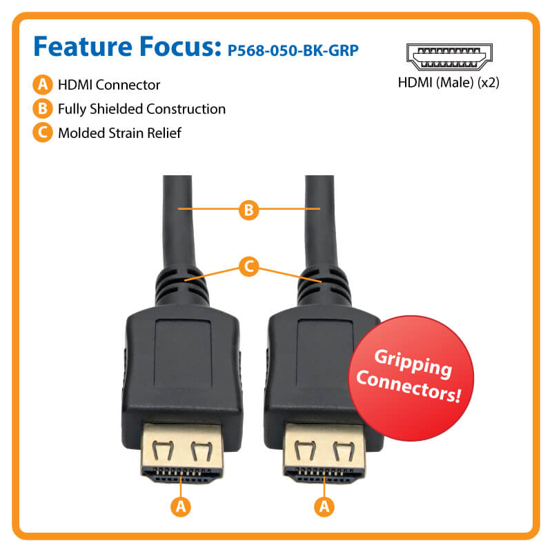 Tripp Lite HDMI Cable, Gripping Connectors, 4K (M/M), Black,  50ft